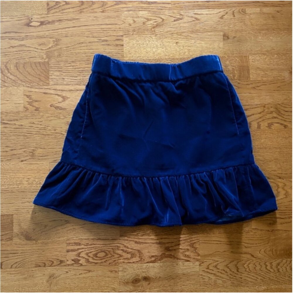 J. Crew Women Mini Skirt Navy Blue Velvet Dressy XS S Holiday Pockets Ruffle